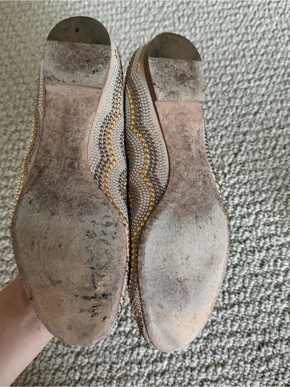 Chloe Beige Suede Studded Scalloped Lauren Ballet Flats